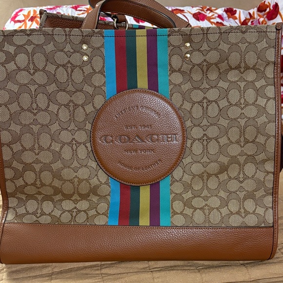 Coach Brown Tote with Colorful Stripes - Picture 1 of 4